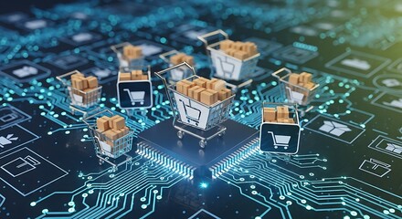 Online Shopping Carts on a Circuit Board Representing E-commerce and Digital Transactions.
