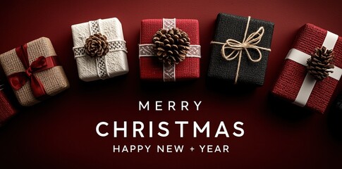 Minimalist vector Christmas card design with abstract geometric tree, golden bells, ribbons, and "Merry Christmas" foil text. Modern clean style for holiday posters, social media, promotional ads, gif