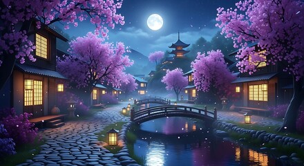 Illuminated traditional dwellings line a cobblestone path beside a tranquil stream under a full moon.