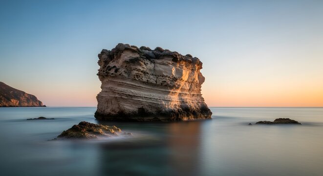 Dramatic sea stack rock formation at sunset with long exposure w