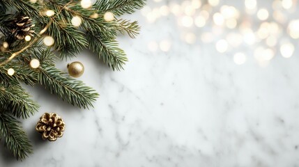 Content Marketing background for the holidays with elegant pine branches and gold ornaments on marble.