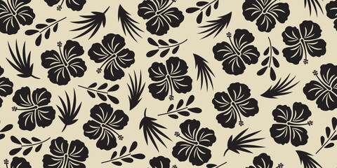 beautiful fabric pattern black hibiscus flowers, leaf motif, hand drawn hibiscus flower on a white background. Summer fabric patterns for Hawaiian shirts. botanical motifs floral hibiscus.black white. © Choltita