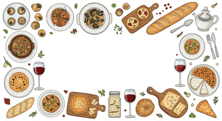 Hand-drawn frame of classic French cuisine dishes including cheese, wine, baguette, and escargots on a white background.