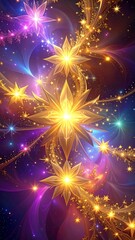 Fototapeta premium Golden fractal starbursts illuminate a cosmic sky of blues, purples, and sparkling dust