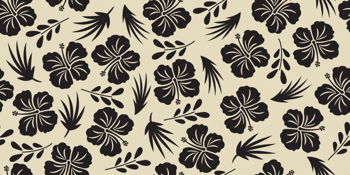 beautiful fabric pattern black hibiscus flowers, leaf motif, hand drawn hibiscus flower on a white background. Summer fabric patterns for Hawaiian shirts. botanical motifs floral hibiscus.black white.