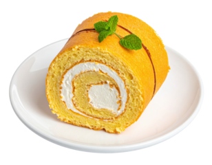 Delicious Swiss Roll Cake with Cream Filling and Mint Garnish on Plate