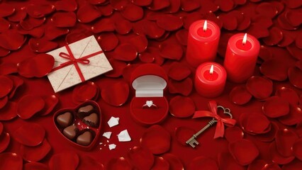 Romantic Valentine's Day Scene with Candles Roses and Heart-shaped Chocolates