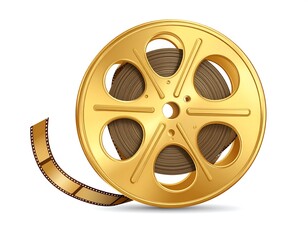 Obraz premium Golden film reel with film trailing off the side against a white background