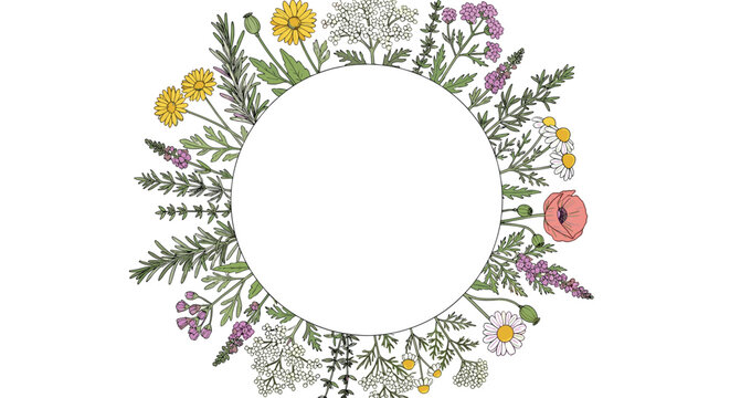 Round floral frame with hand-drawn colorful wildflowers and herbs like poppy, chamomile, and lavender on a white background.