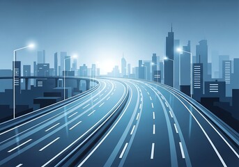 Futuristic cityscape with a curving highway leading to the metropolis