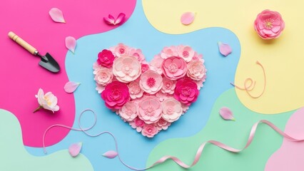 Beautiful arrangement of pink and white roses forming a heart shape on colorful background for