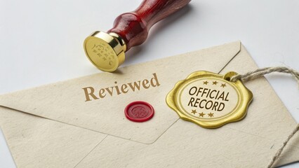 Vintage Letter with Wax Seal, Review Stamp, and Official Record Tag Laid on a Flat Surface for Documentation Purpose