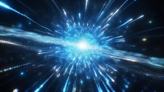 A dynamic blue light burst through a dark space, streaks radiate outward with luminous motion. glow!