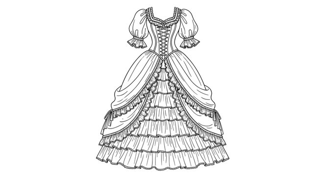 Black and white line art of an ornate vintage ball gown with a corset, ruffles, and puffed sleeves in a rococo style.