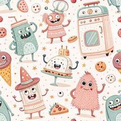 Whimsical pattern featuring cute silly food monsters an oven cookies and sweet treats