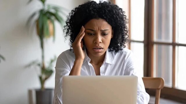 Frustrated African American woman experiencing computer problems at home.