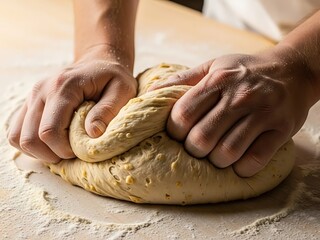 Artisan hands knead rustic dough on floured surface for fresh bread