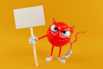 Evil Emotion And Warning Concept With Provocative Message. Red Devil Cartoon Character Holding Blank Protest Sign On Yellow Background In Playful Style. 3d Rendering