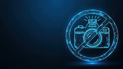 A stylized blue polygonal graphic depicts a forbidden photography symbol with a camera crossed out on a dark digital background
