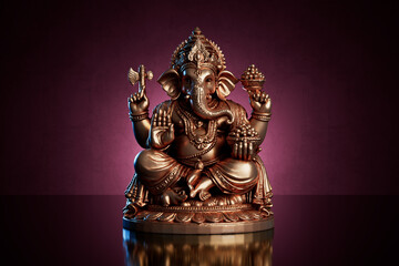 Symbol Of Wisdom, Prosperity, And Protection. Shiny Bronze Statue Of Lord Ganesha On Glossy Surface With Red Background. 3d Rendering