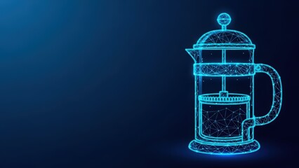 A wireframe illustration of a glass french press coffee maker on a blue digital background