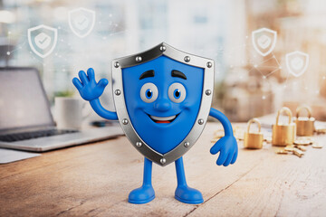 Cybersecurity Protection And Data Safety Concept. Friendly Shield Mascot Waving On Office Desk With Laptop And Locks Background In Modern Style. 3d Rendering