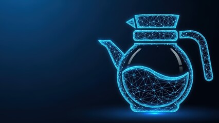 Abstract digital teapot glowing with blue geometric network on dark background