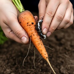 Hands gently cleaning a freshly harvested organic carrot from rich garden soil