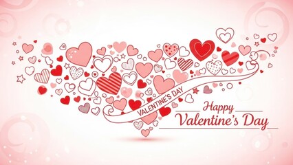 Romantic Valentine's Day Heart-themed Illustration with Various Heart Shapes and a Greeting Banner