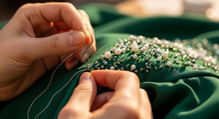 Hands delicately embellishing verdant fabric with beads and needlework
