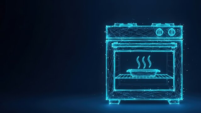 Abstract glowing digital wireframe oven with food steaming inside on a dark background representing futuristic kitchen technology and cooking