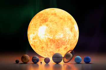 Solar System Scale Concept Of Planets And Sun. Glowing Star With Planetary Spheres Aligned In Front View With Dramatic Lighting. 3d Rendering