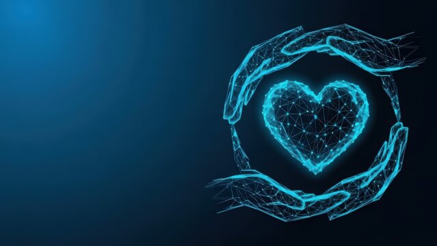 Digital abstract glowing heart protected by futuristic interconnected hands on a dark blue background