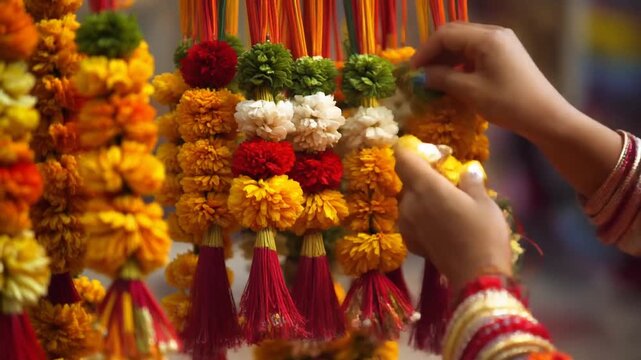 Skilled hands meticulously crafting vibrant flower garlands, showcasing traditional artistry and colorful blossoms prepared for cultural festivities and decorations