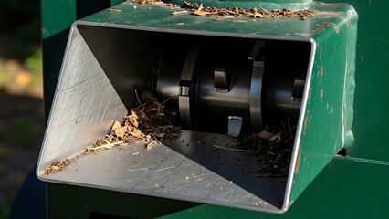 Industrial wood chipper opening with dry leaves for mulch production