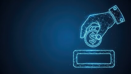 Digital hand dropping a glowing dollar coin into a slot representing financial savings and investment concept