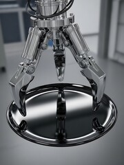 Industrial robotic arm holding a shiny metal tray with precision grip