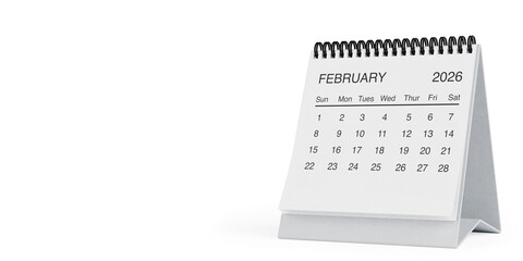 White Desk Monthly February 2026 Business Calendar. 3d Rendering