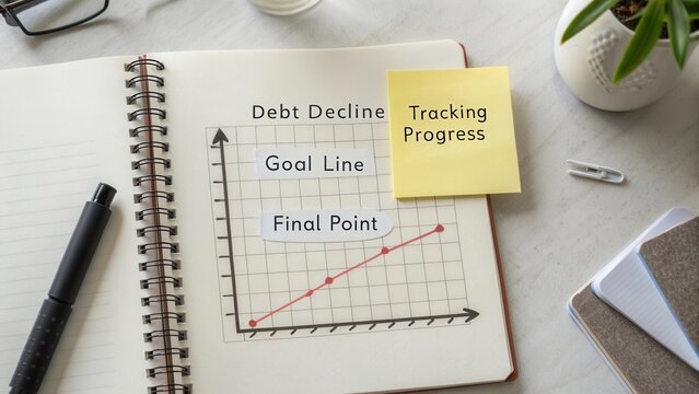 Analysis of Debt Decline Chart on Open Notebook with Sticky Note and Writing Tools for Financial Tracking and Planning