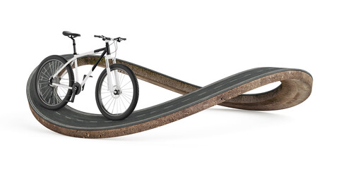 Sustainable Urban Mobility Concept. Modern Bicycle Riding On Infinity Road Symbolizing Continuous Progress And Eco Transport. 3d rendering