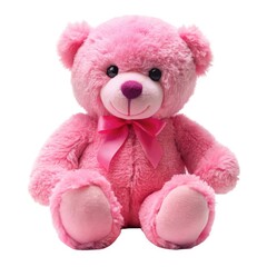 Cute pink teddy bear with a matching ribbon isolated on a white background
