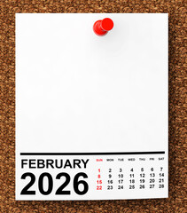Calendar February 2026 on Blank Note Paper. 3d Rendering