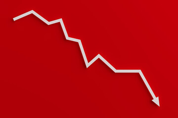 Crisis And Recession Concept. White Downward Arrow Showing Falling Chart. 3d Rendering