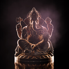 Symbol Of Wisdom And Prosperity. Detailed Ganesha Idol With Sacred Items On Glossy Pedestal. 3d Rendering