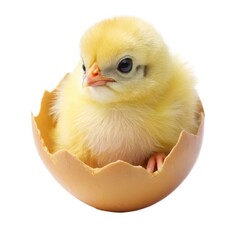 Yellow baby chick hatching from a cracked brown egg shell isolated on white background