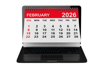 2026 year calendar. February calendar over laptop screen. 3d rendering