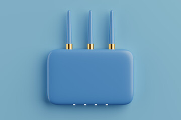 Wireless Internet Technology Concept. Blue WiFi Router With Three Antennas On Blue Background. 3d Rendering