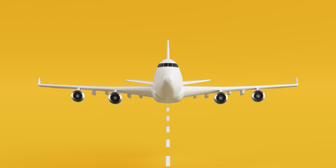 Airplane Takeoff Concept. White Passenger Jet Taking Off From Runway On Yellow Background. 3d Rendering