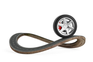 Mobility And Innovation Concept. Car Wheel Balancing On Twisted Asphalt Road Shaped Like Infinity Symbol. 3d Rendering