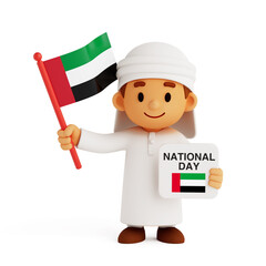 UAE National Pride Celebration. Smiling Emirati Boy Character Holding UAE Flag And Sign With National Day Text. 3d Rendering